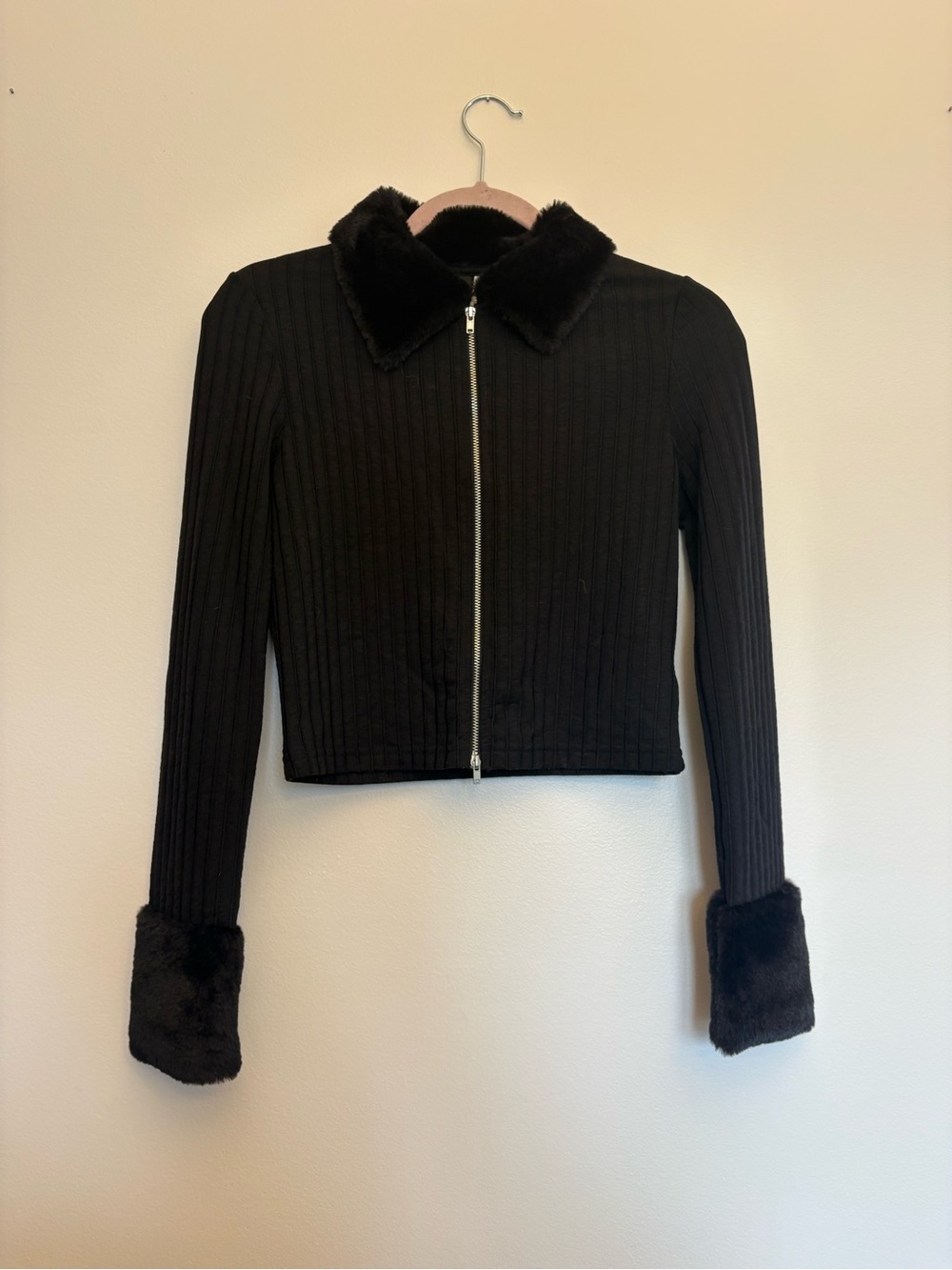 Divided Black Ribbed Zip-Front Jacket with Faux-Fur Trim